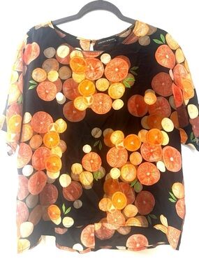 Lorenzo Romanza 100% Silk Blouse Citrus Print Orange Black Top Size 38